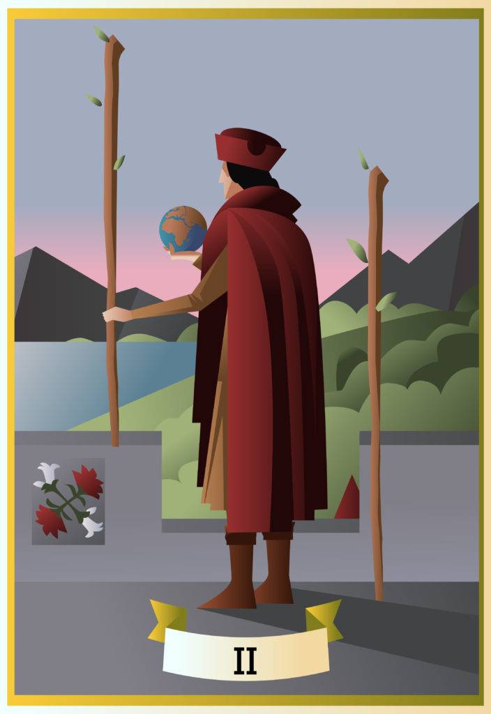 Two of wands with globe and red cape